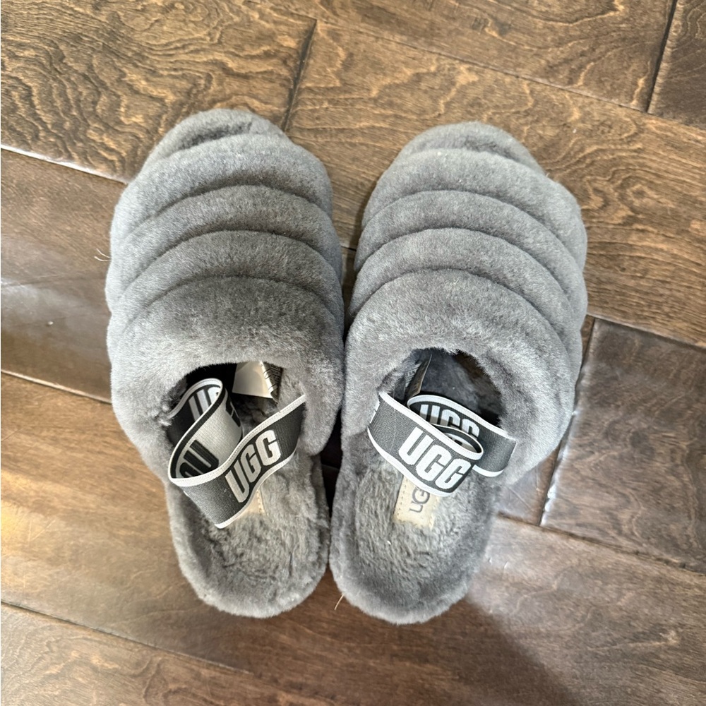 UGG Fluff Yeah Slide Slippers - Gray Faux Fur
